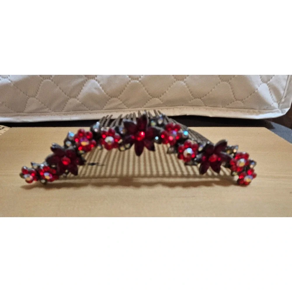 Rhinestone RED Flower‎ Hair Comb Red Crystal Bridal Headpiece Prom Y2K